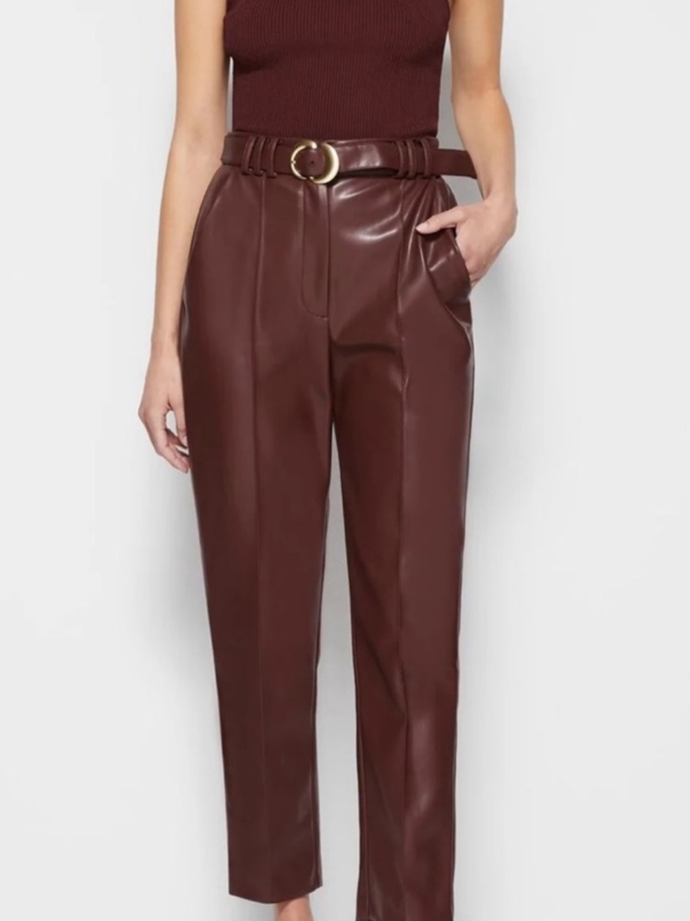 Jonathan Simkhai Chocolate Brown High-Waist Faux Leather Trousers with Belt